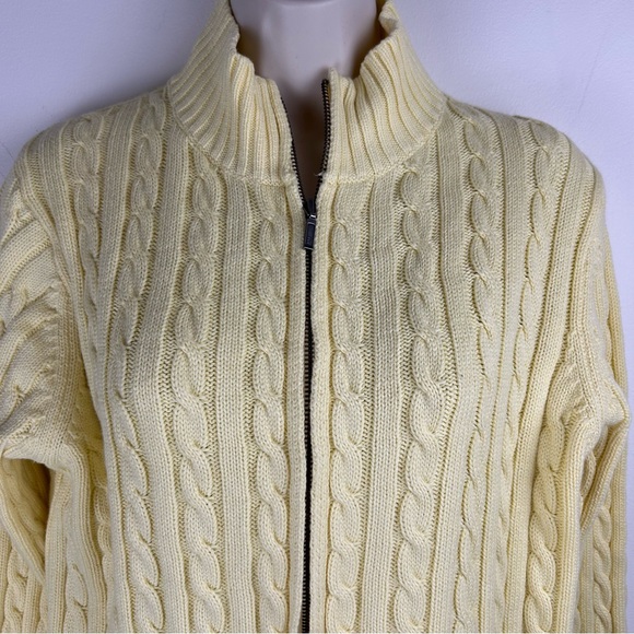 LL Bean Women sz M Yellow Full Zip Cable Knit Sweater Cabin Core Cozy Campcore - Picture 2 of 10